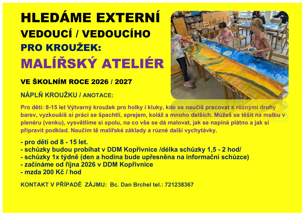 Hledáme externího vedoucího kroužku MALÍŘSKÝ ATELIÉR